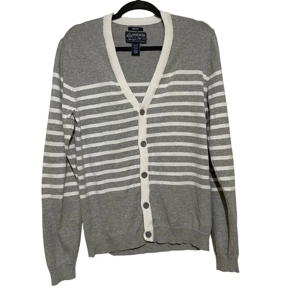 Vintage American Rag Gray White Striped Cardigan Button Up Medium Academia Ivy